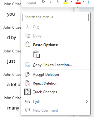 Reviewing pane right click menu options for track changes in Word
